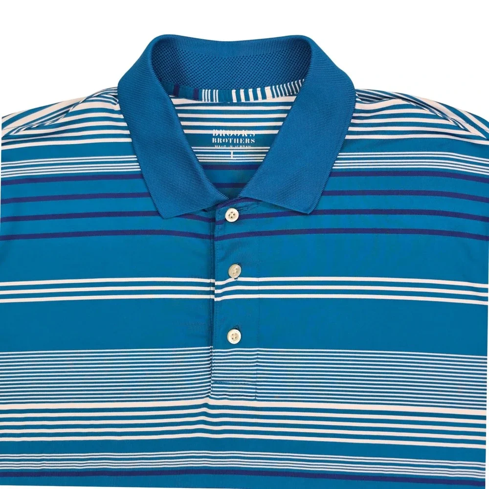 Brooks Brothers Performance Polo Shirt Mens Large Blue Striped Golf Short Sleeve